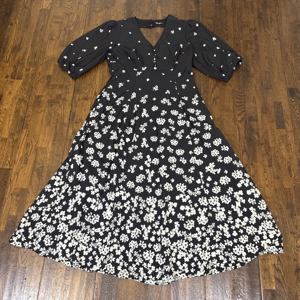 eShakti Black White Floral Maxi Dress Custom Fit Pockets Elegant L XL Fit Flare